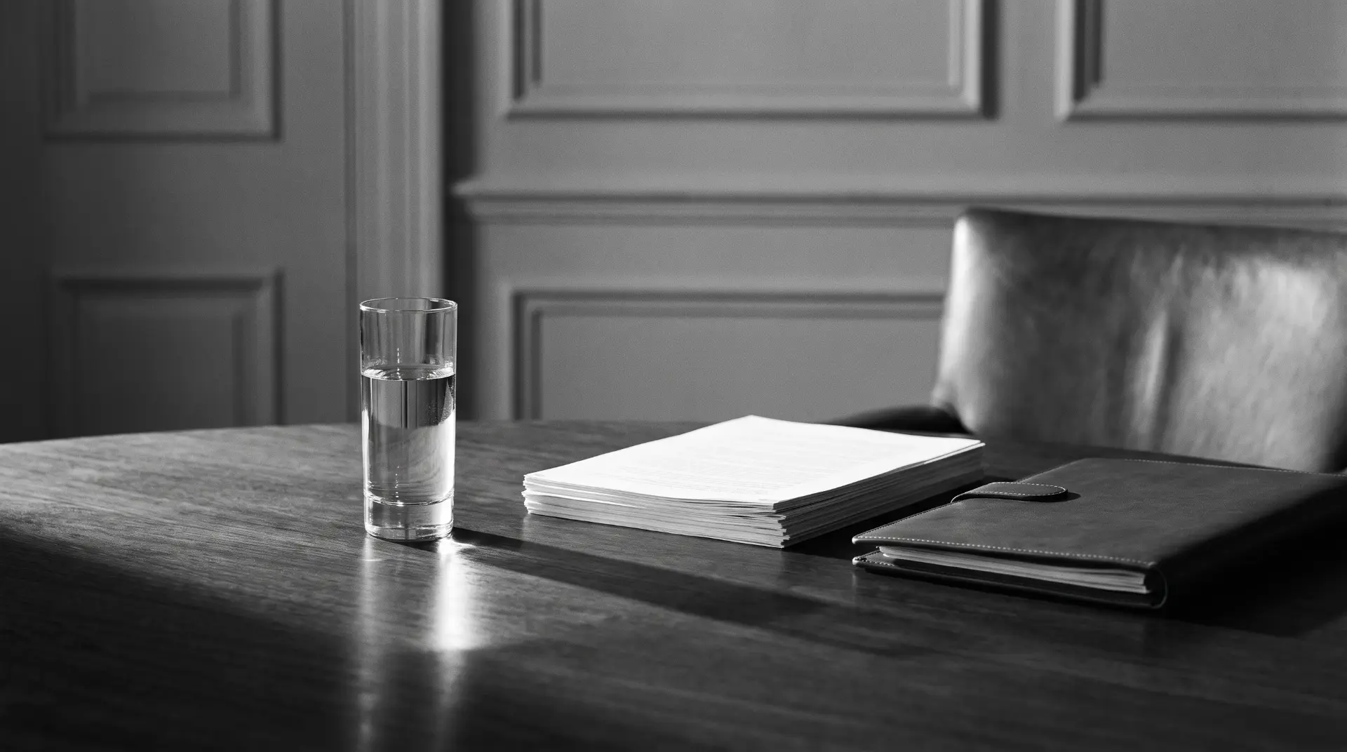 Sala de reuniões da BEST Strategy Room: mesa, documentos e caderno sob luz natural
